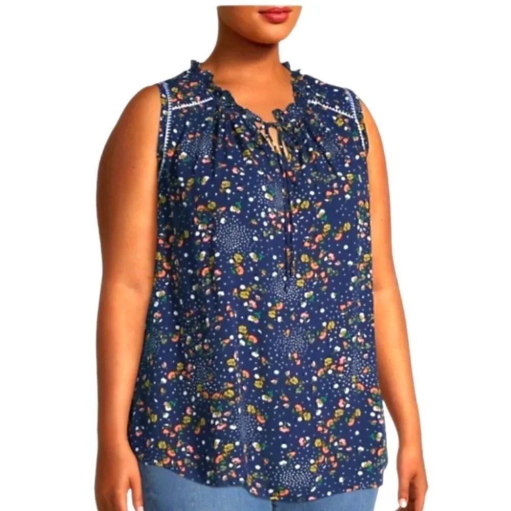 EC STUDIO B BY BOBEAU SLEEVELESS BOHO FLORAL TOP W/ KEYHOLE TIE SZ. SMALL